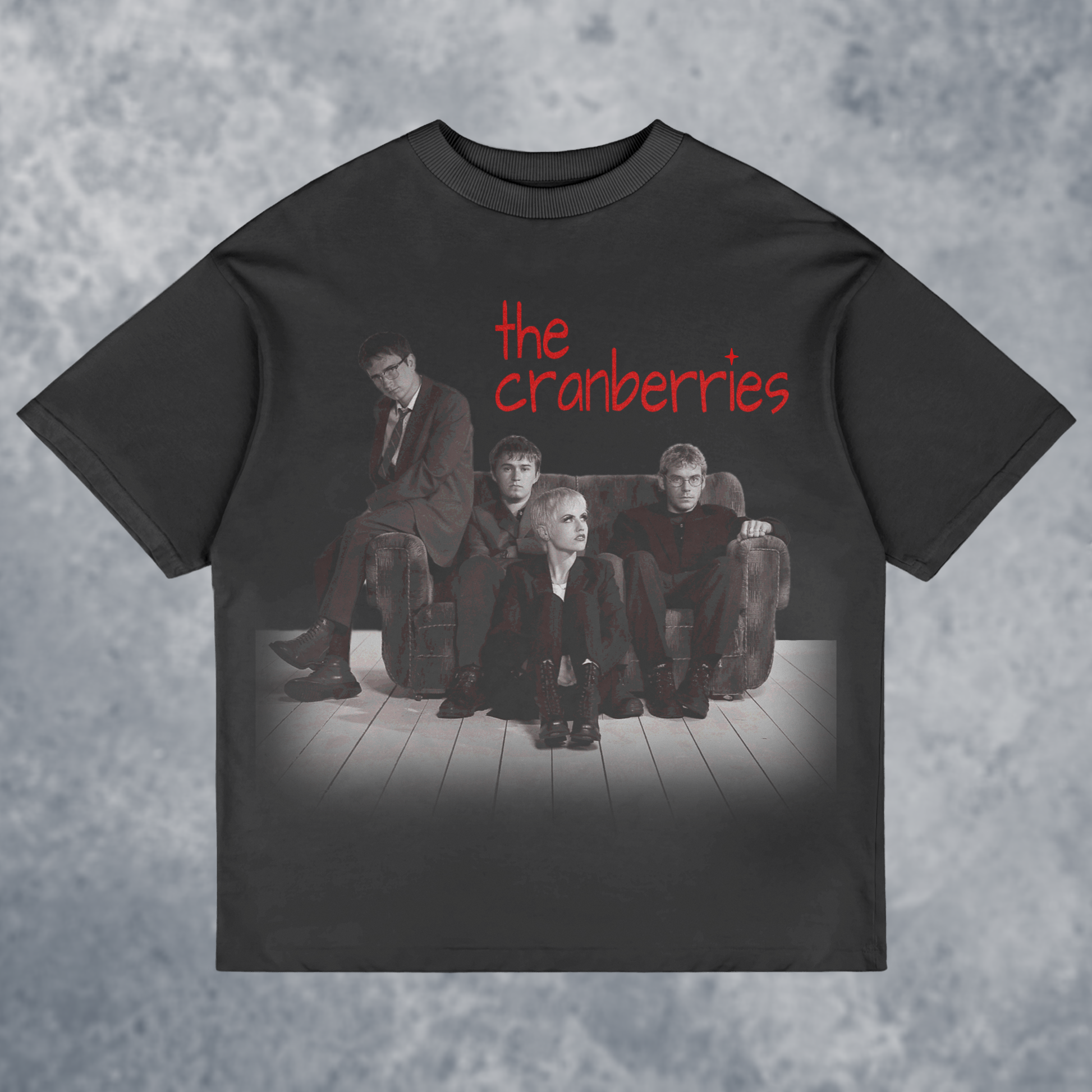 The CRANBERRIES graphic T-Shirt, Handmade, front view mockup with marble background, in black color way