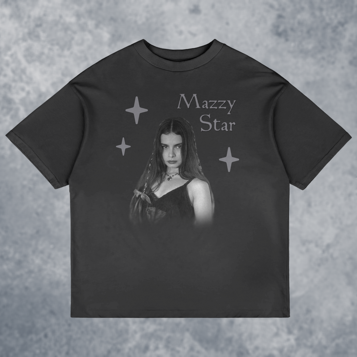 The Mazzy Star Graphic T-Shirt, Handmade, front view mockup with marble background, in black color way