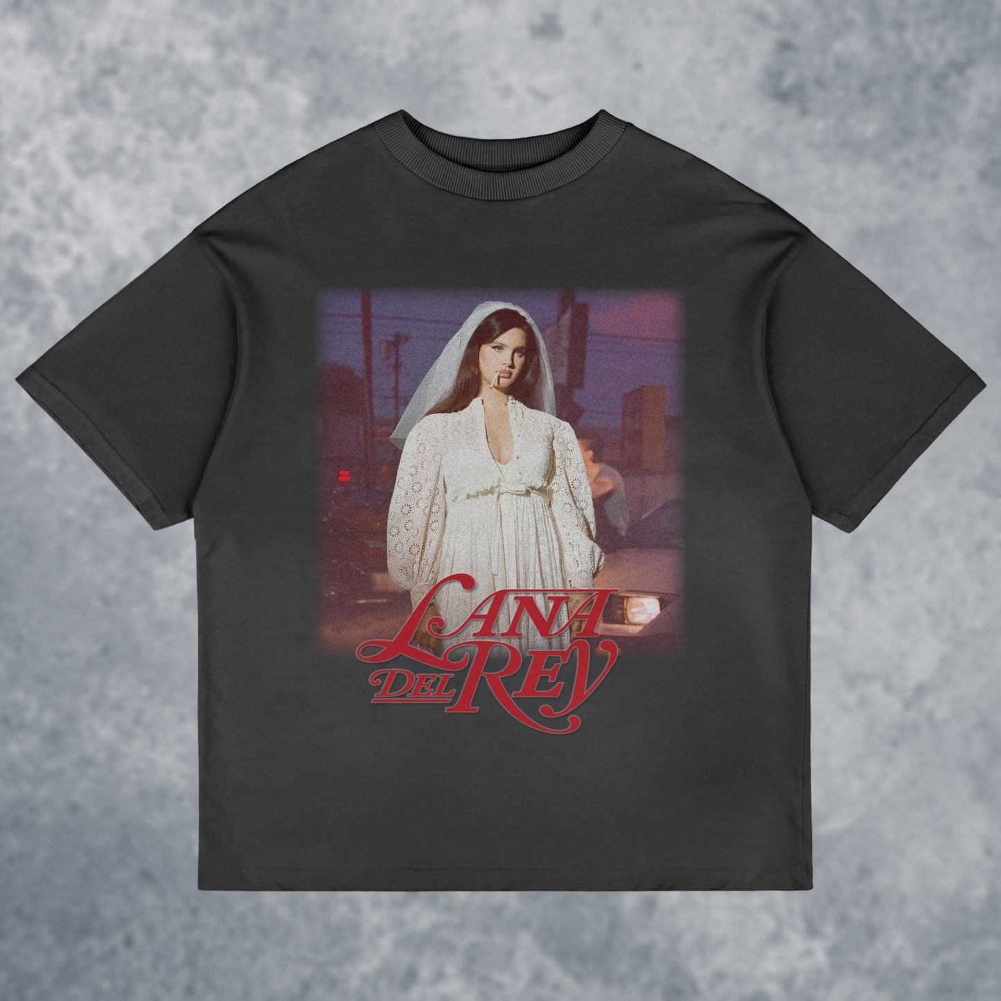 The 'LANA' Graphic T-Shirt, Handmade, front view mockup with marble background, in black color way