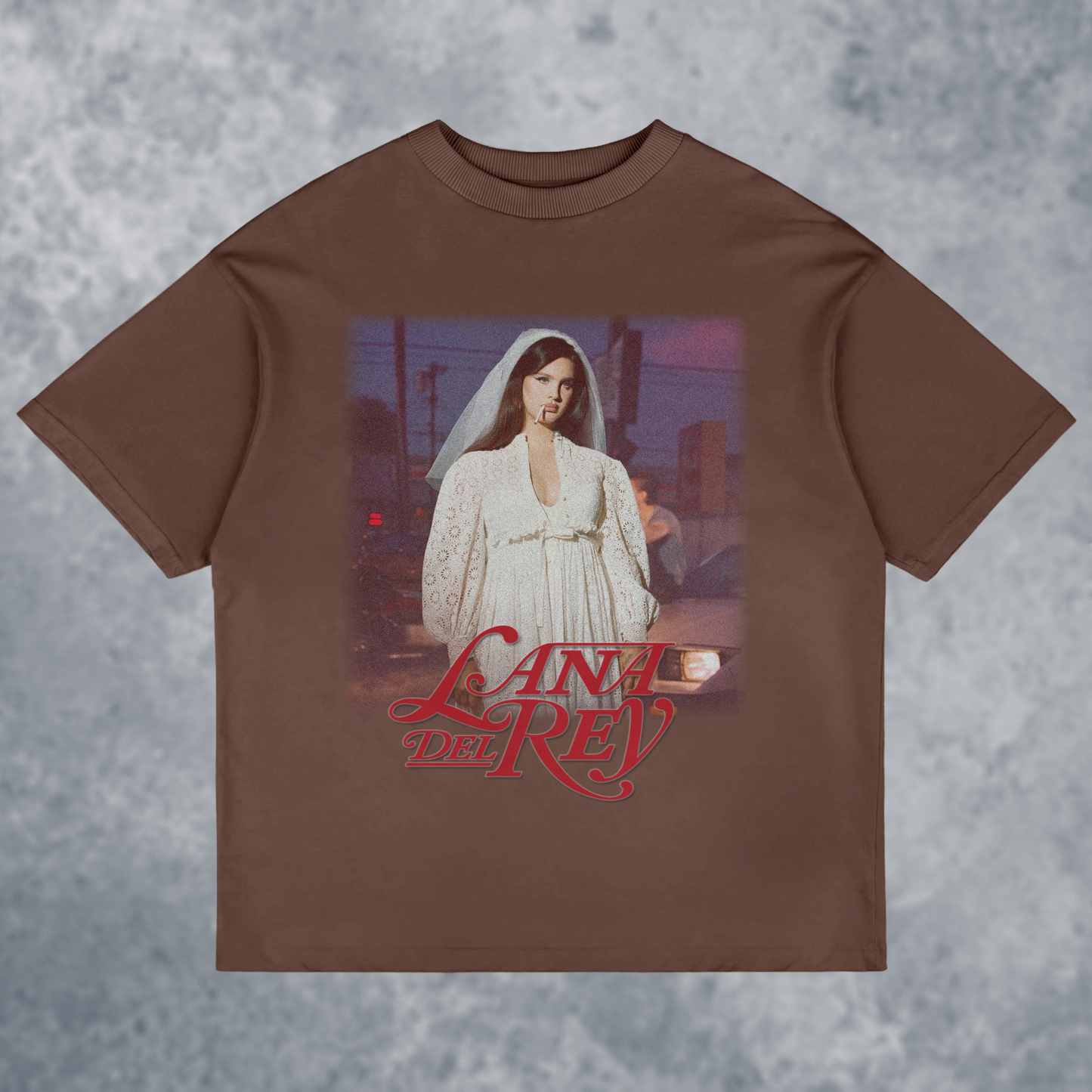 The 'LANA' Graphic T-Shirt, Handmade, front view mockup with marble background, in brown color way