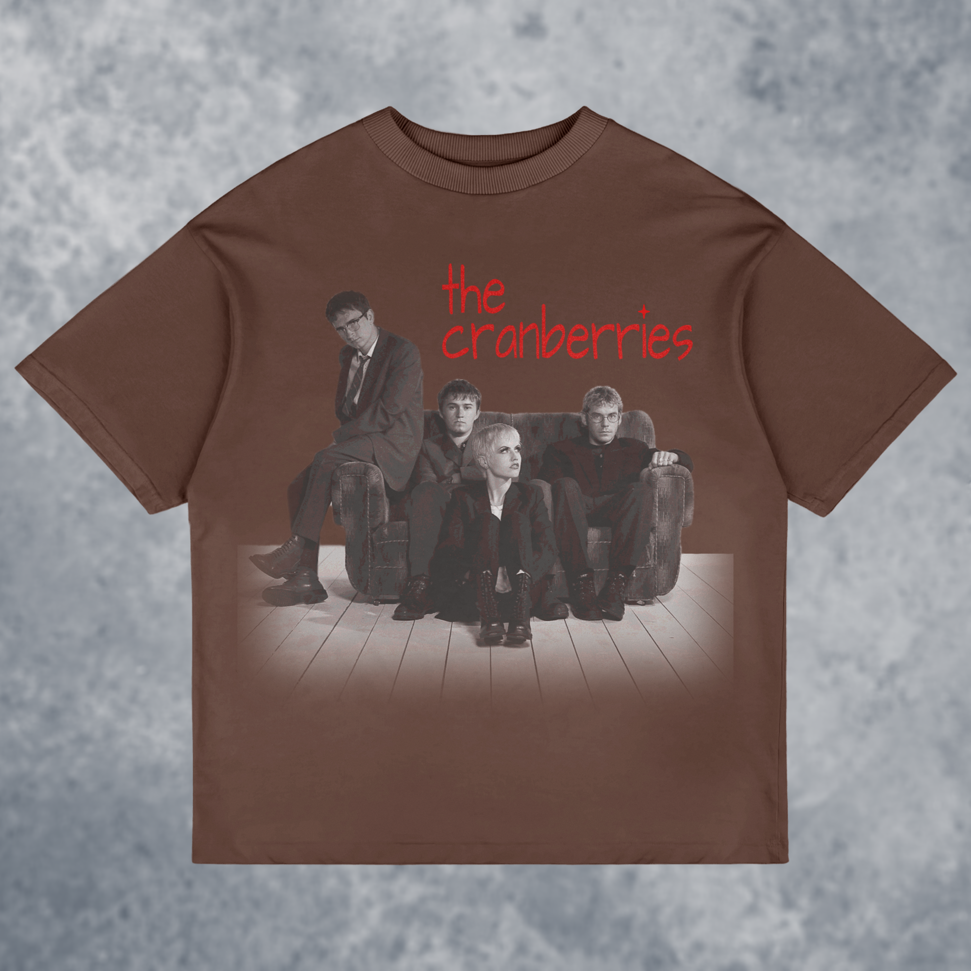 The CRANBERRIES graphic T-Shirt, Handmade, front view mockup with marble background, in brown color way