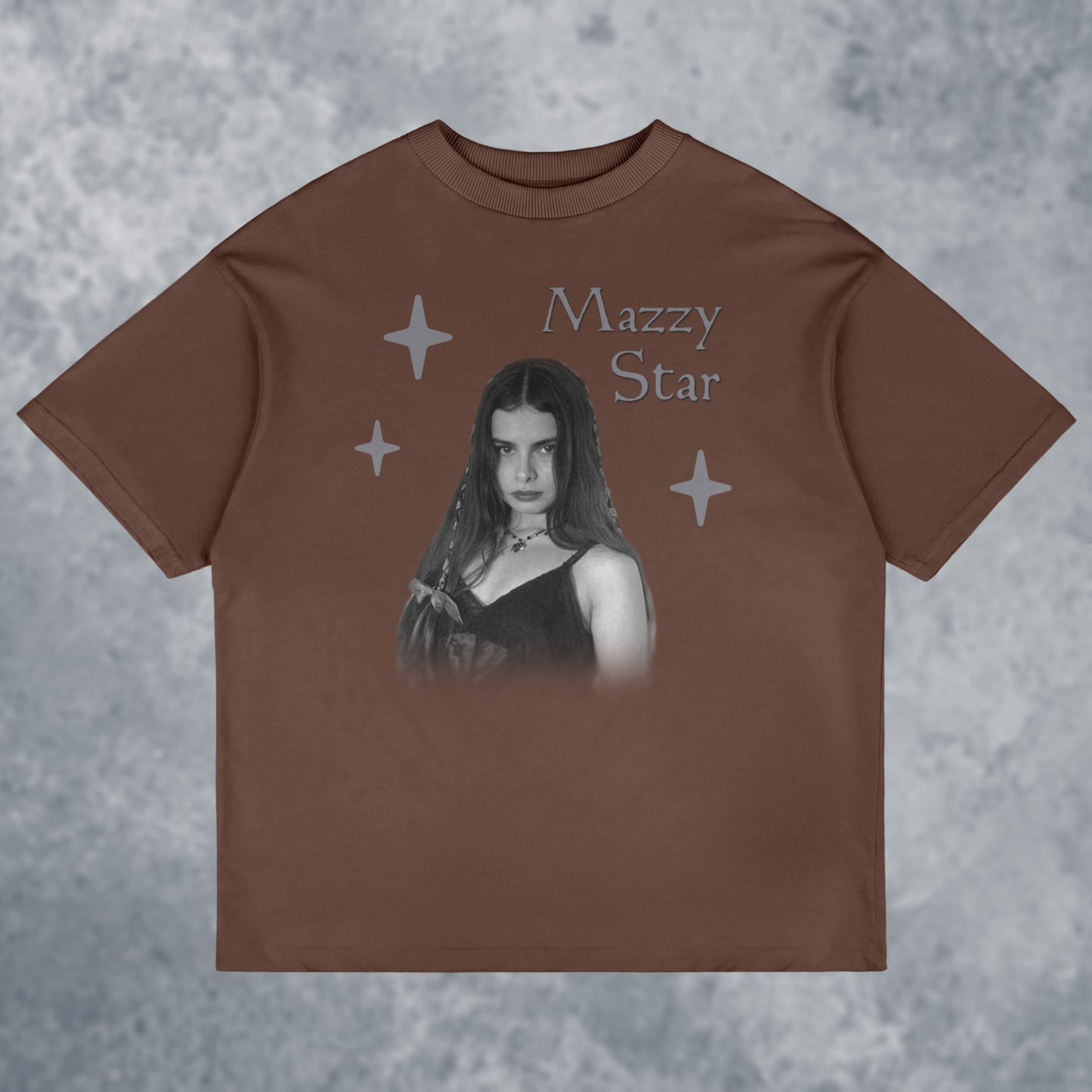 The Mazzy Star Graphic T-Shirt, Handmade, front view mockup with marble background, in brown color way