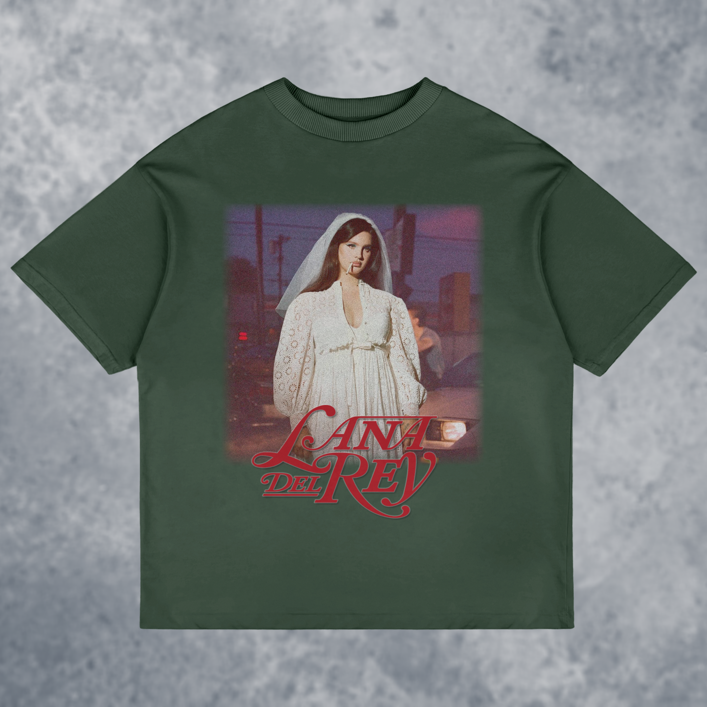 The 'LANA' Graphic T-Shirt, Handmade, front view mockup with marble background, in forrest green color way