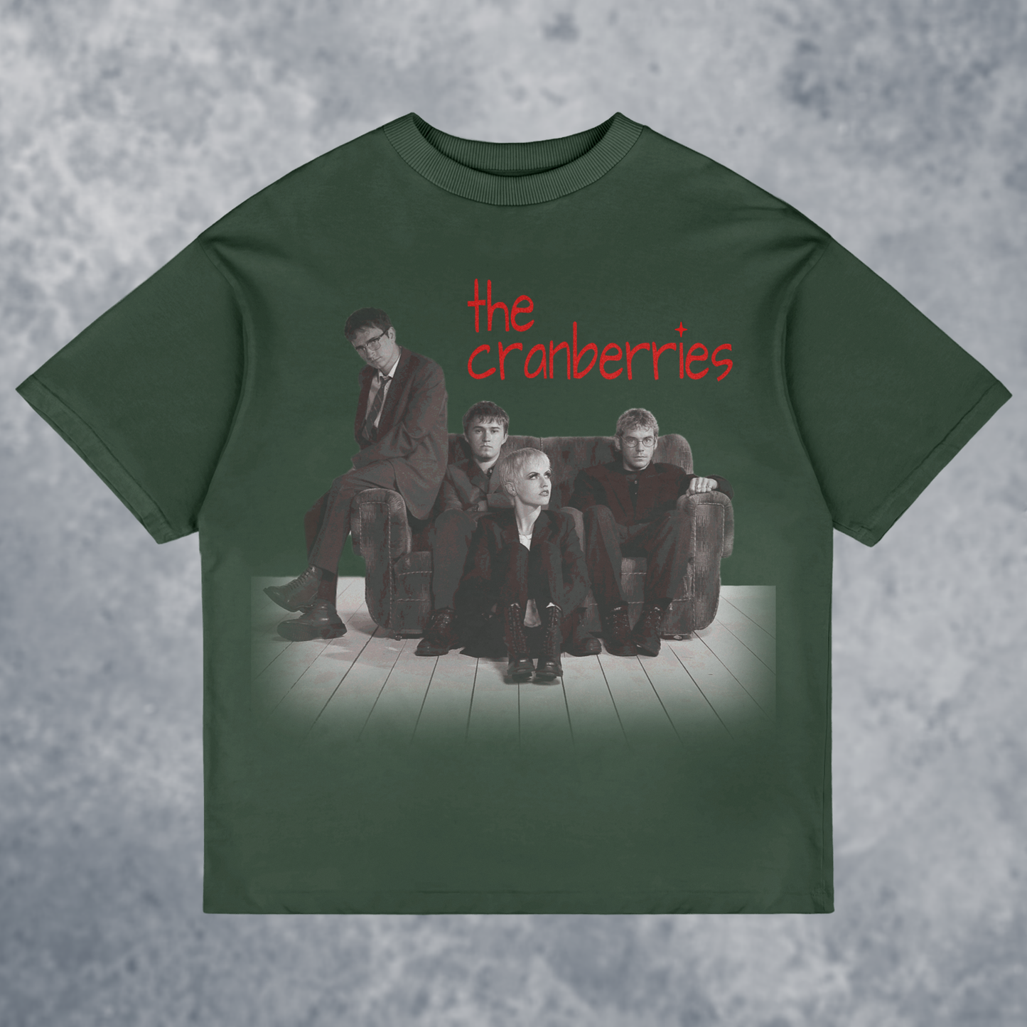 The CRANBERRIES graphic T-Shirt, Handmade, front view mockup with marble background, in forrest green color way