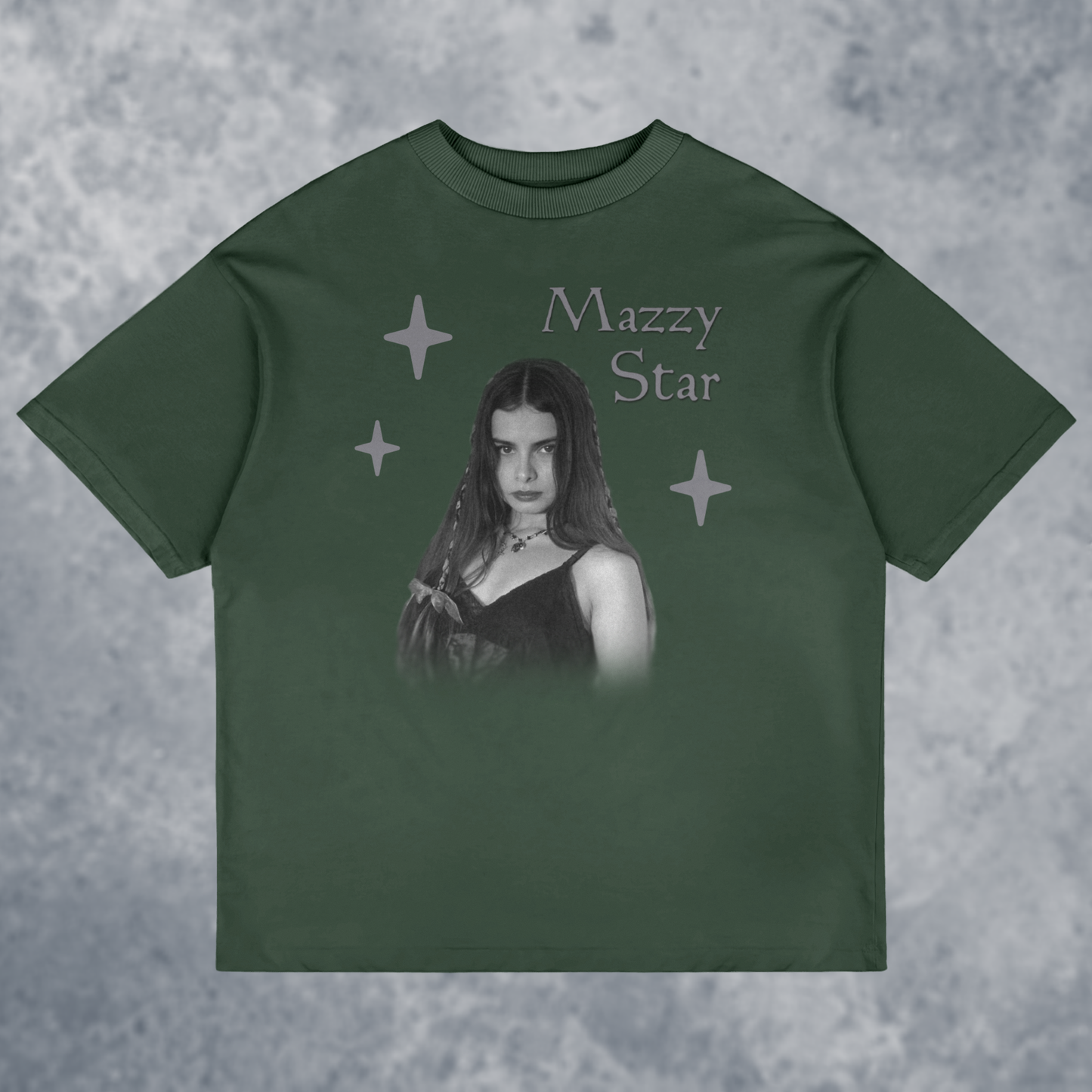 The Mazzy Star Graphic T-Shirt, Handmade, front view mockup with marble background, in forrest green color way