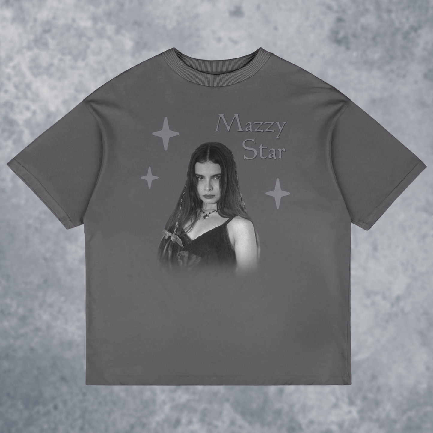 The Mazzy Star Graphic T-Shirt, Handmade, front view mockup with marble background, in charcoal grey color way