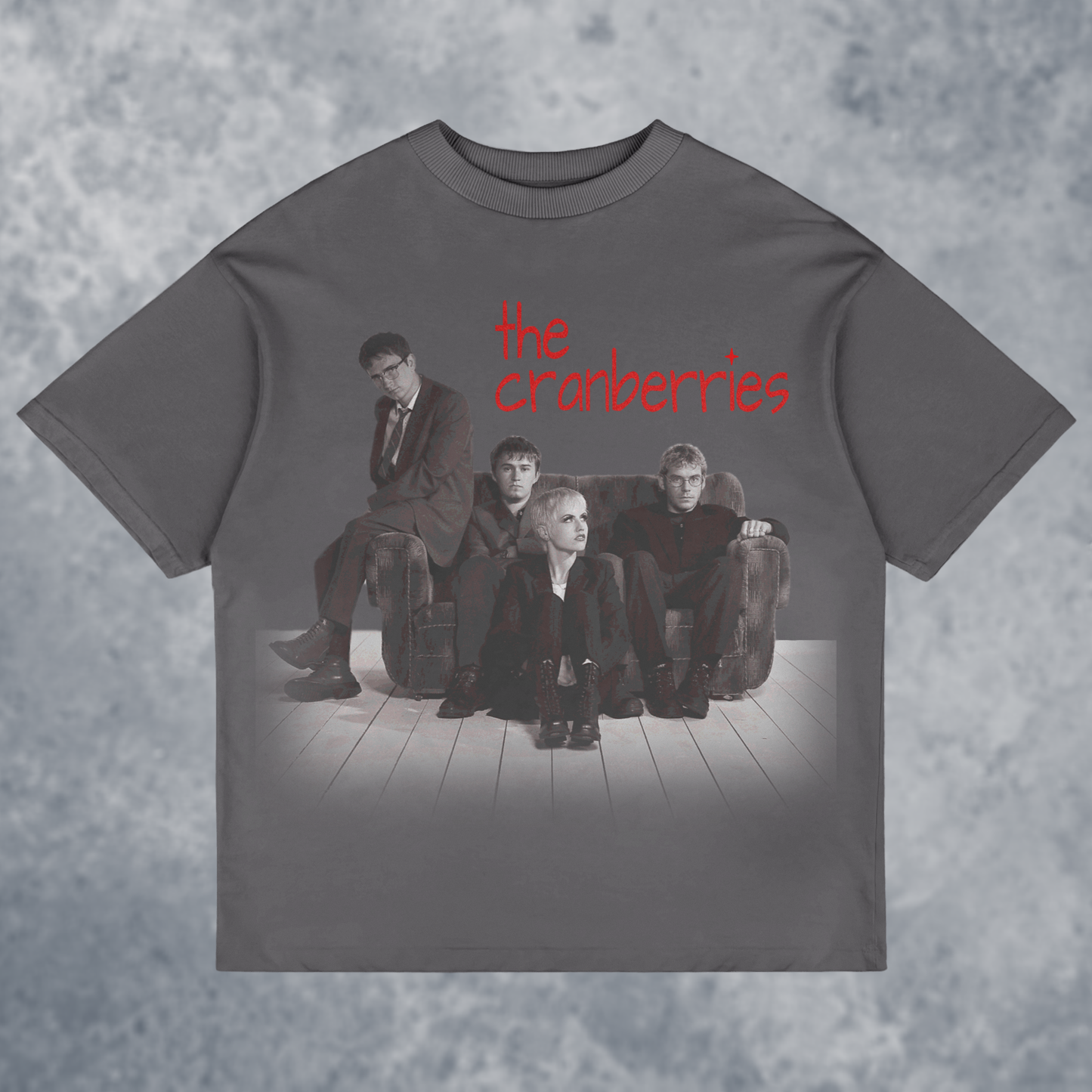 The CRANBERRIES graphic T-Shirt, Handmade, front view mockup with marble background, in charcoal color way