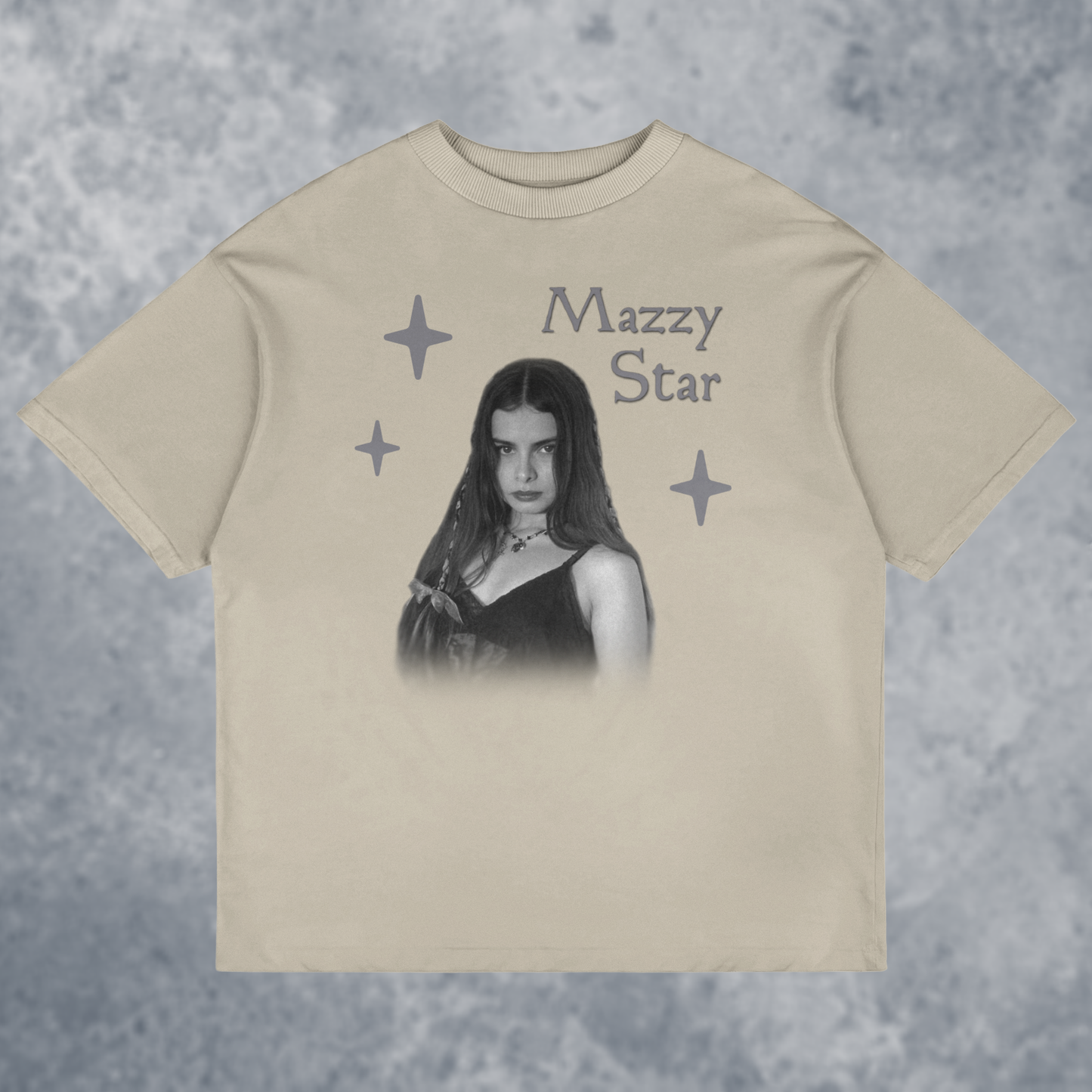 The Mazzy Star Graphic T-Shirt, Handmade, front view mockup with marble background, in tan/sand color way