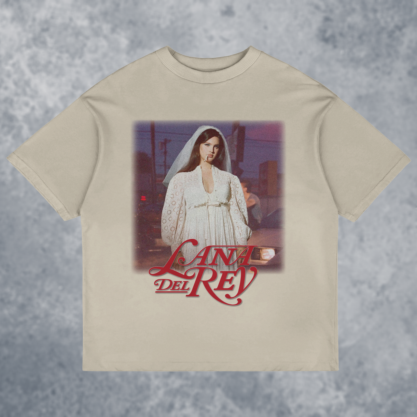 The 'LANA' Graphic T-Shirt, Handmade, front view mockup with marble background, in tan/sand color way