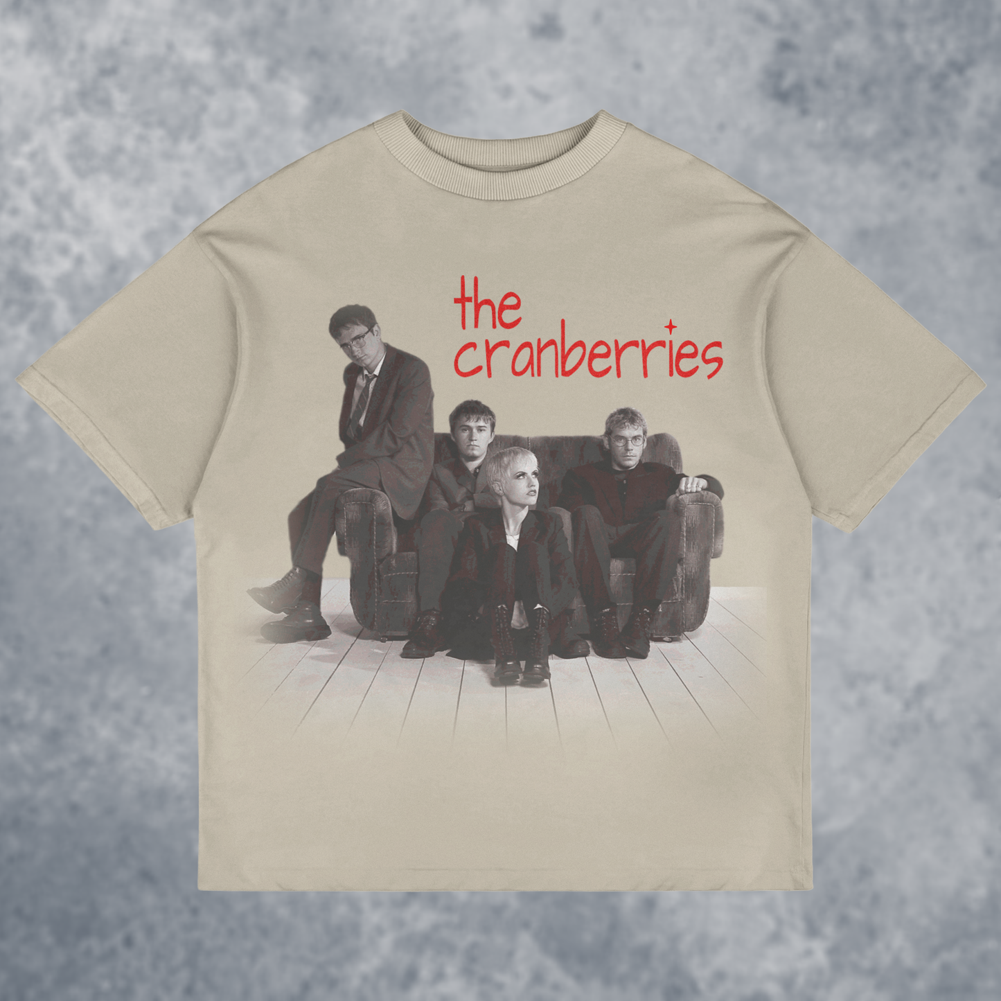 The CRANBERRIES graphic T-Shirt, Handmade, front view mockup with marble background, in sand/tan color way