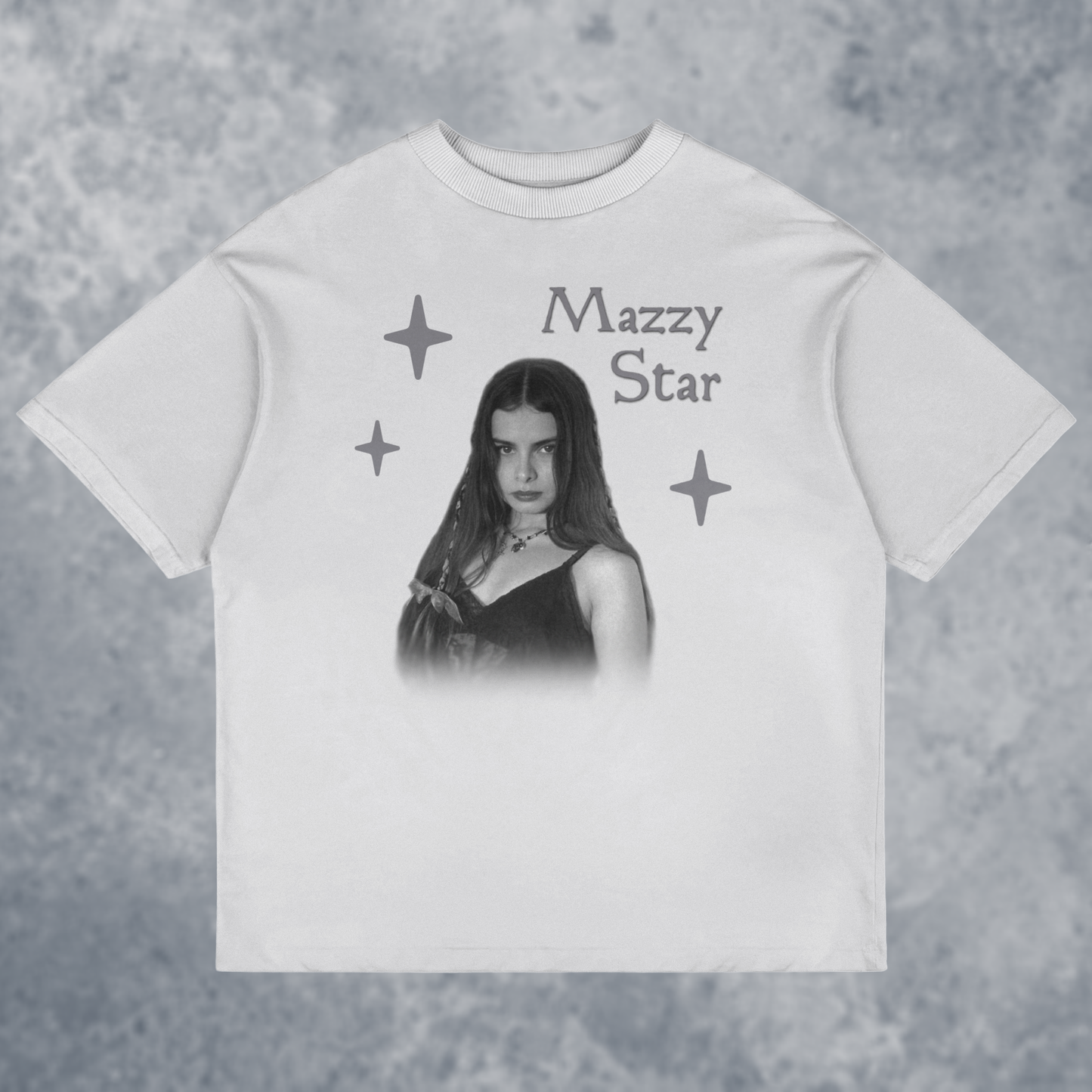 The Mazzy Star Graphic T-Shirt, Handmade, front view mockup with marble background, in white color way