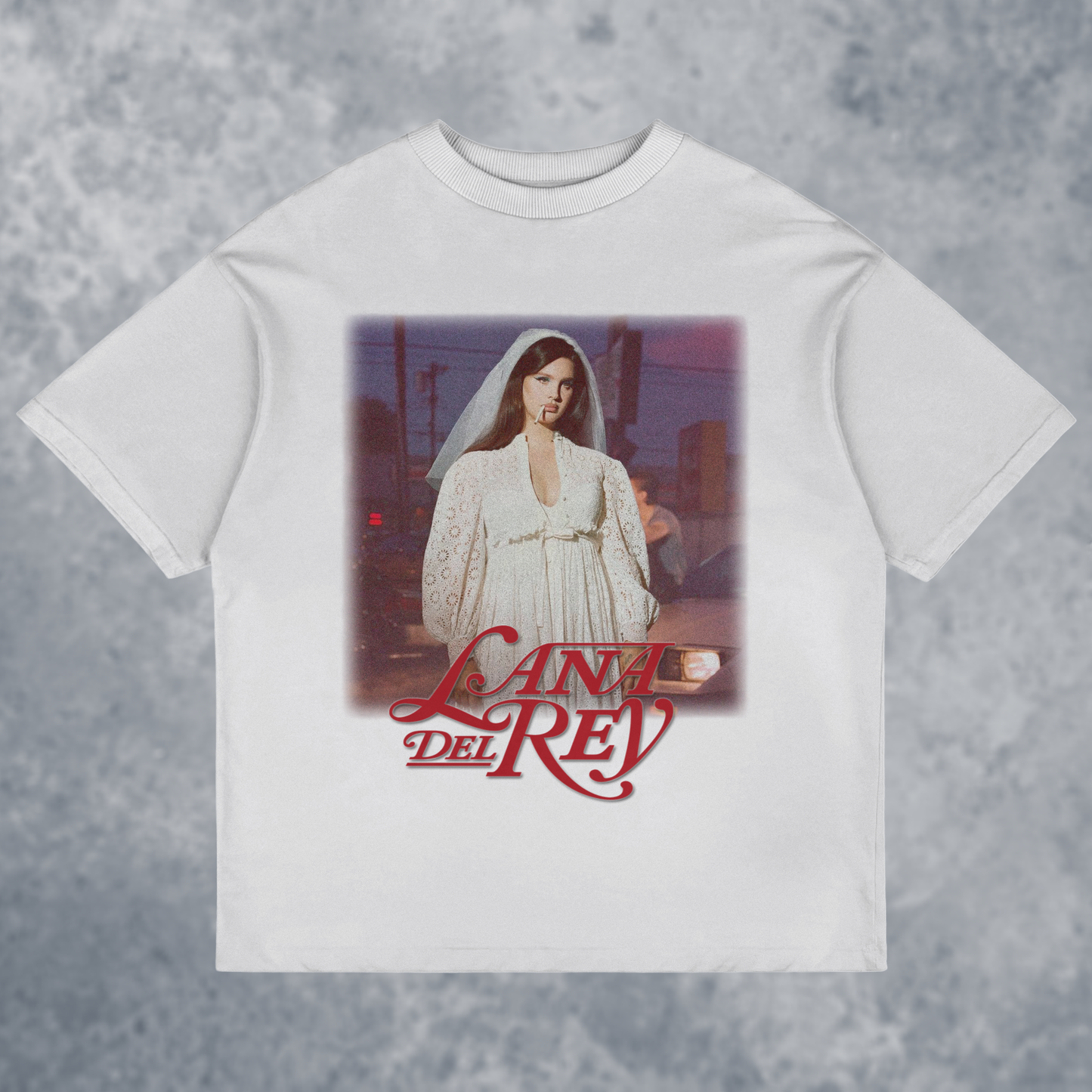 The 'LANA' Graphic T-Shirt, Handmade, front view mockup with marble background, in white color way