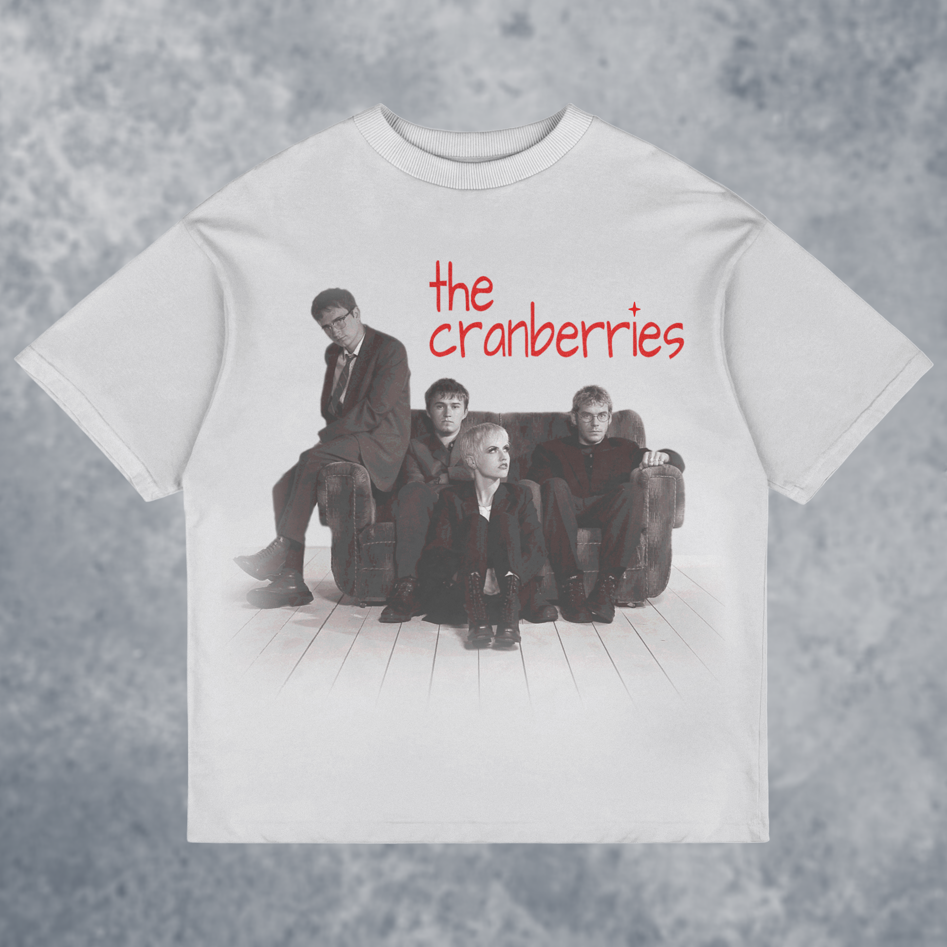 The CRANBERRIES graphic T-Shirt, Handmade, front view mockup with marble background, in white color way