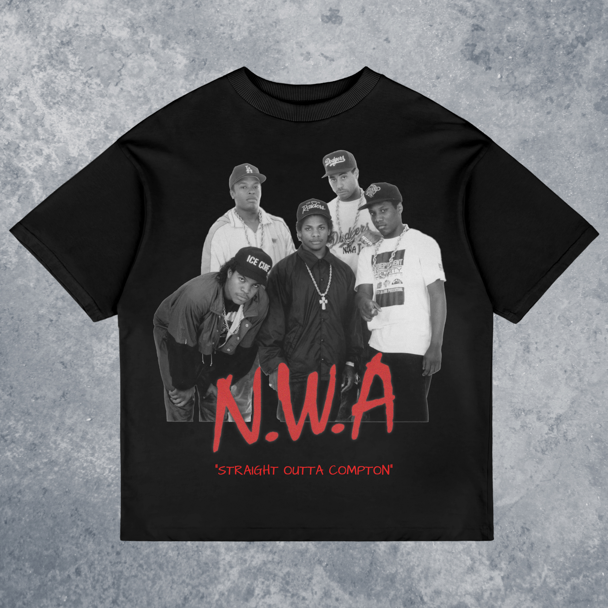 N.W.A Straight Outta Compton Graphic T-Shirt, Handmade, front view mockup with marble background, in black color way