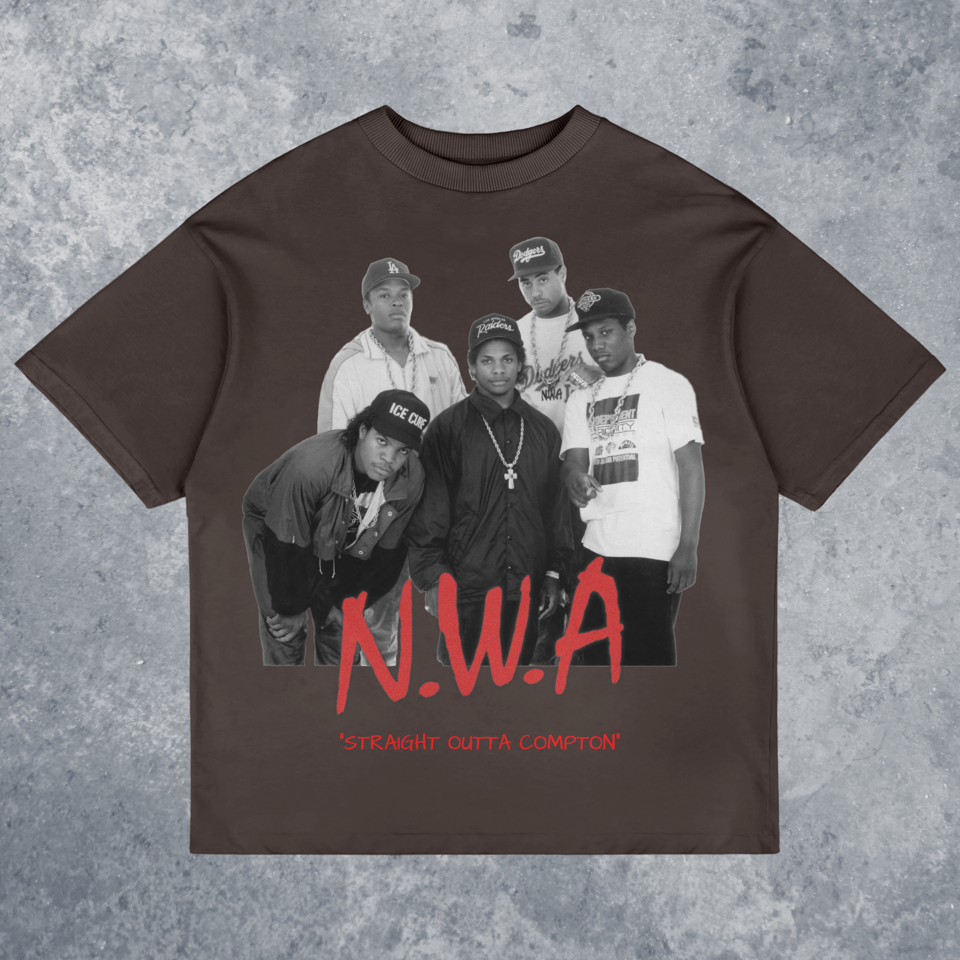 N.W.A Straight Outta Compton Graphic T-Shirt, Handmade, front view mockup with marble background, in dark chocolate colourway