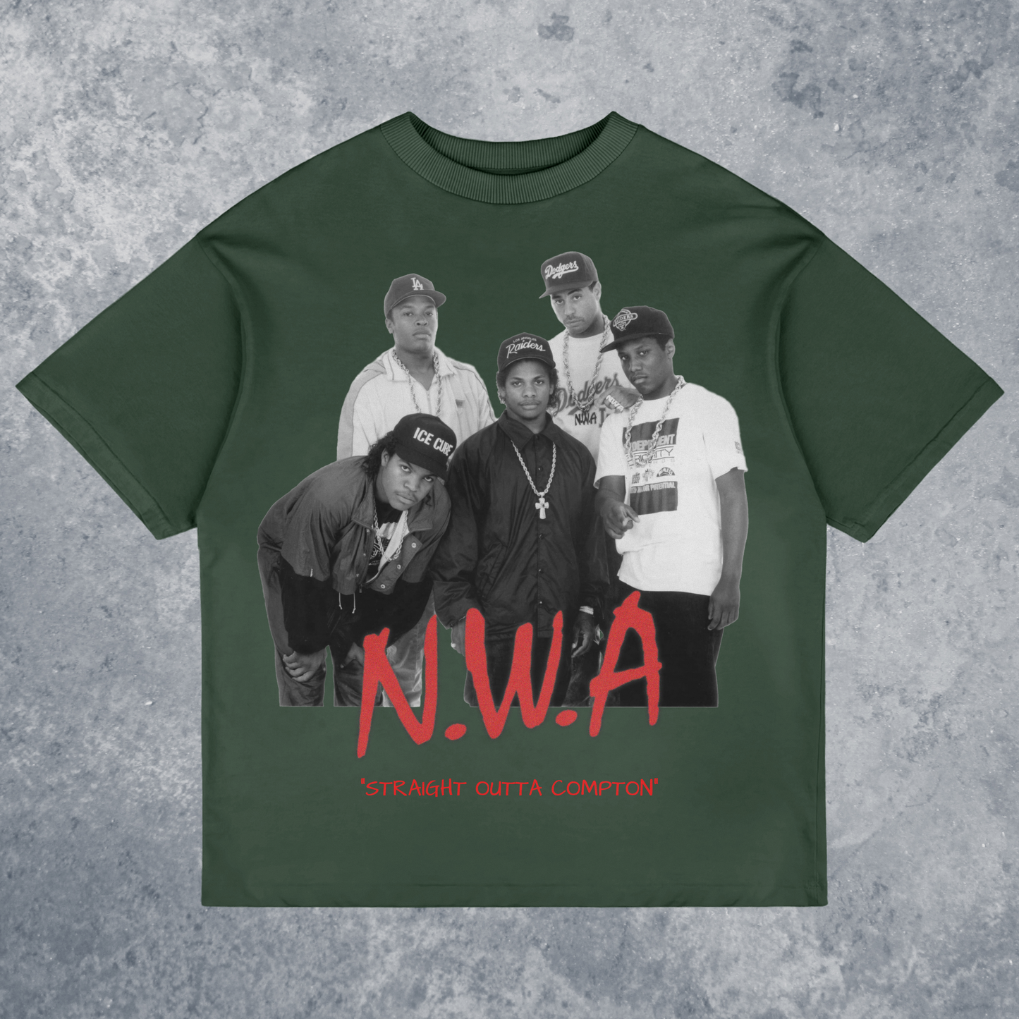 N.W.A Straight Outta Compton Graphic T-Shirt, Handmade, front view mockup with marble background, in forrest green color way