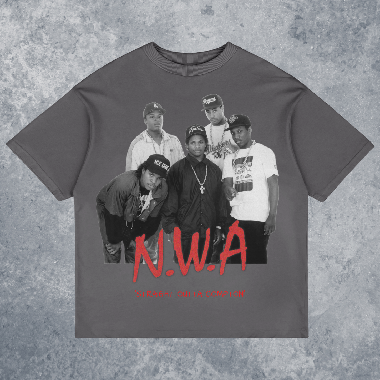 N.W.A Straight Outta Compton Graphic T-Shirt, Handmade, front view mockup with marble background, in charcoal grey color way