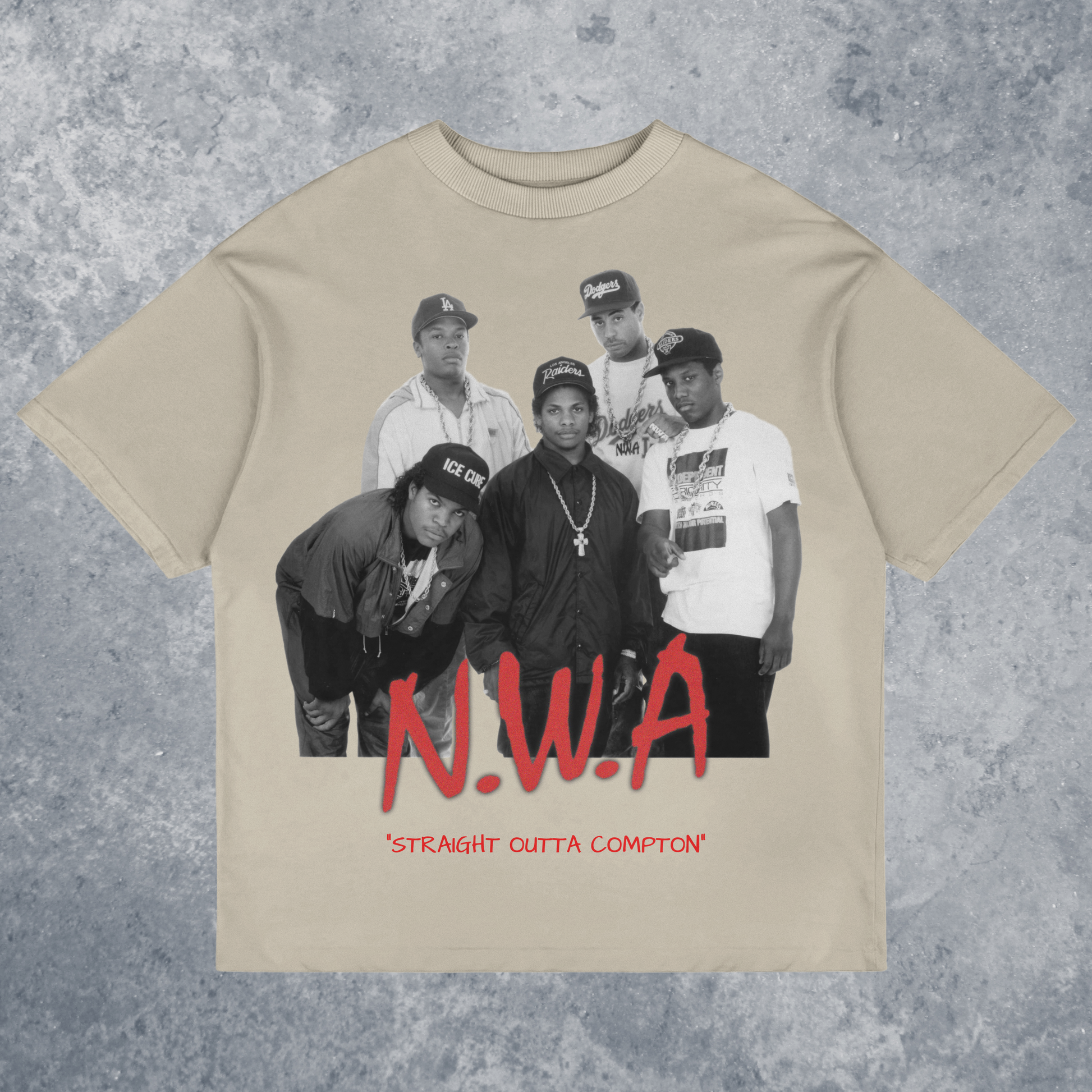 N.W.A Straight Outta Compton Graphic T-Shirt, Handmade, front view mockup with marble background, in sand/tan color way