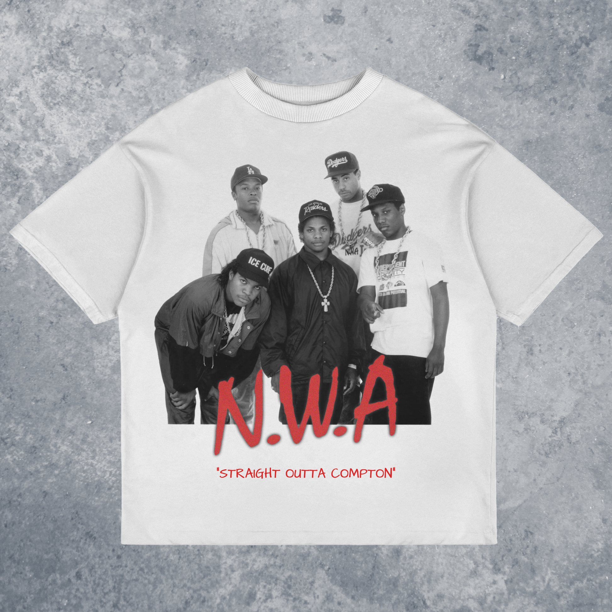 N.W.A Straight Outta Compton Graphic T-Shirt, Handmade, front view mockup with marble background, in white color way