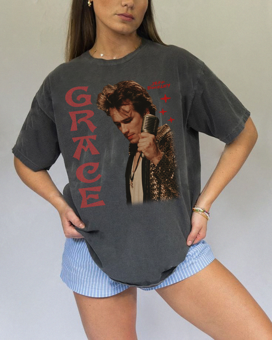 Jeff Buckley 'Grace'  graphic t-shirt, worn by a model, front view, wearing charcoal color