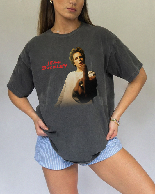 Jeff Buckley 'Middle Finger' T-shirt worn by a model, front view, in the charcoal color way