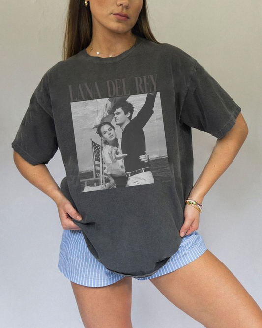 The 'LANA DEL REY' T-Shirt, worn by model, front view, in charcoal grey color way