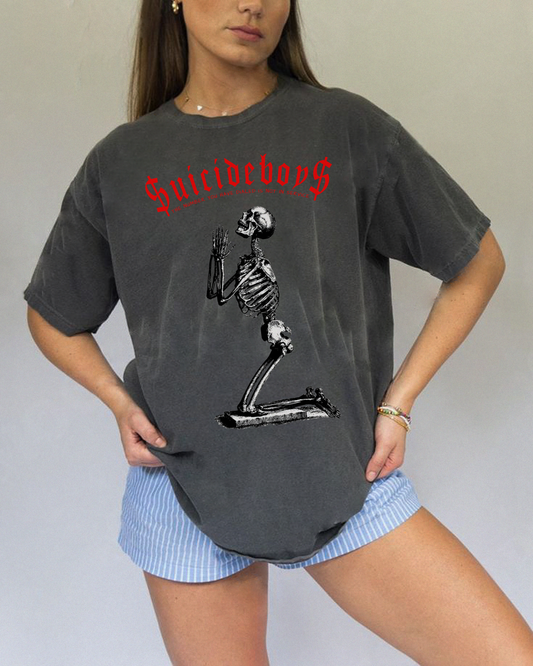 The SUICIDEBOYS graphic T-Shirt, Handmade, front view mockup worn by model, in grey color way