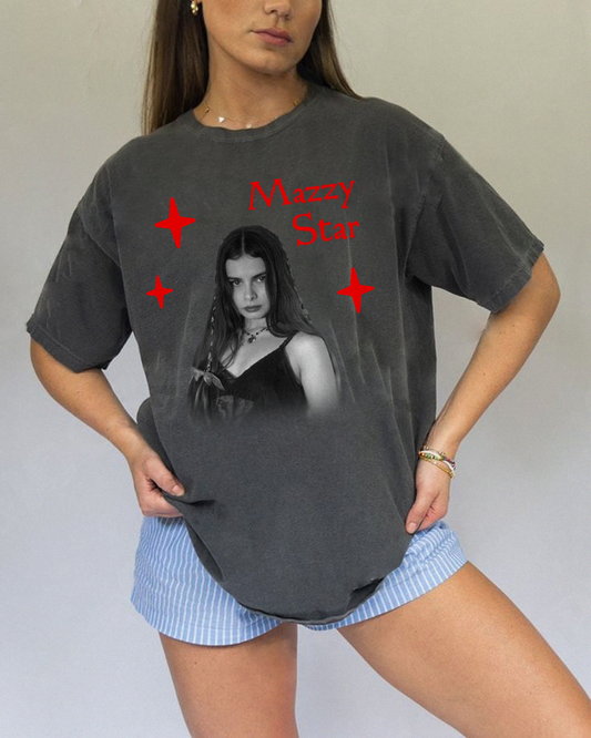 The Mazzy Star Graphic T-Shirt, Handmade, front view mockup worn by model, in black color way